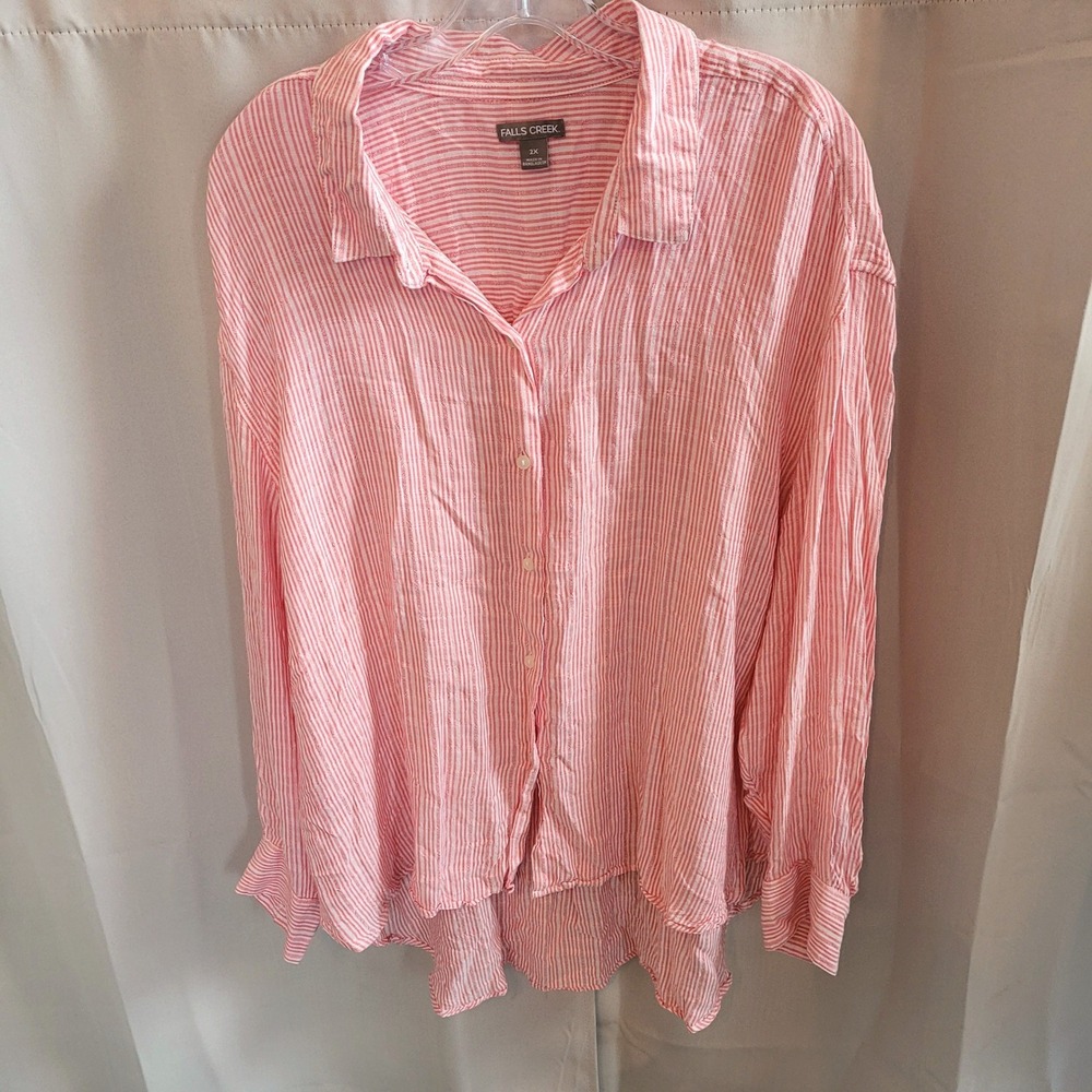 Women Seersucker Button Up Shirt 2X Striped Coastal Preppy Nautical Spring 21818